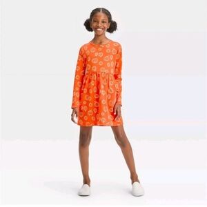 Girls Orange Pumpkin Halloween Themed Long Sleeve T-Shirt Dress Medium (8)